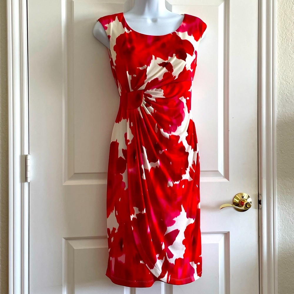 Maggy London Bright Hot Pink Floral Drape Front Dress Size 4